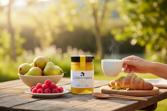 Pera conferencia en almíbar La Bercianita junto a frambuesas, peras, croissant y café, desayuno gourmet de El Bierzo