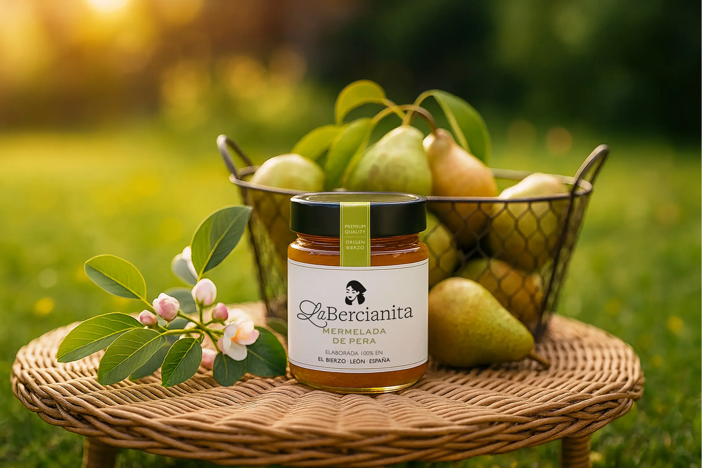 Bodegón con un tarro de mermelada de pera conferencia La Bercianita. Fabricada en El Bierzo.