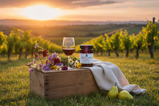 Pera conferencia al vino tinto La Bercianita junto a una copa de vino tinto y viñedo de El Bierzo al atardecer