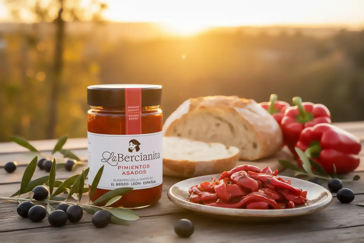 Primer plano de pimientos asados del Bierzo La Bercianita servidos en un plato, pan de pueblo y luz de atardecer berciano